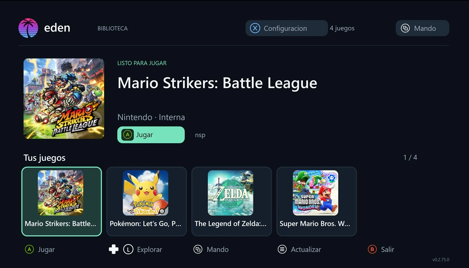 Interface da biblioteca de jogos de Switch no emulador Eden adaptado ao Xbox Series X