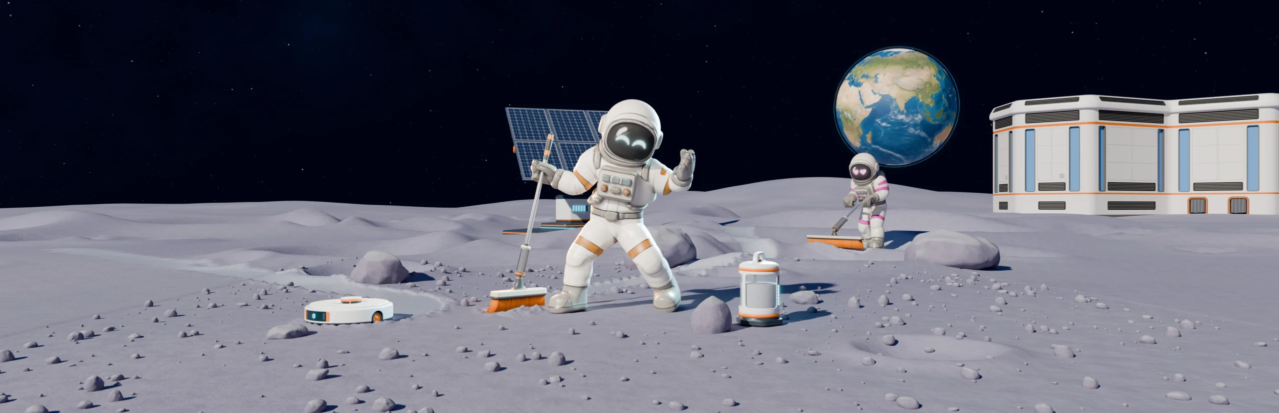 Astronautas trabalham na superfície lunar em arte oficial de Moon Sweepers