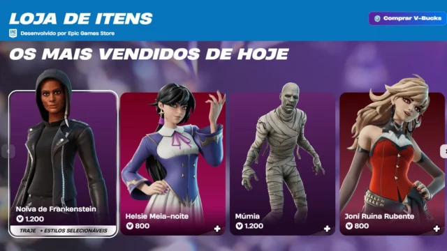 Loja oficial do Fortnite mostra Noiva de Frankenstein, Helsie Meia-noite, Múmia e Joni Ruína Rubente com preços em V-Bucks.