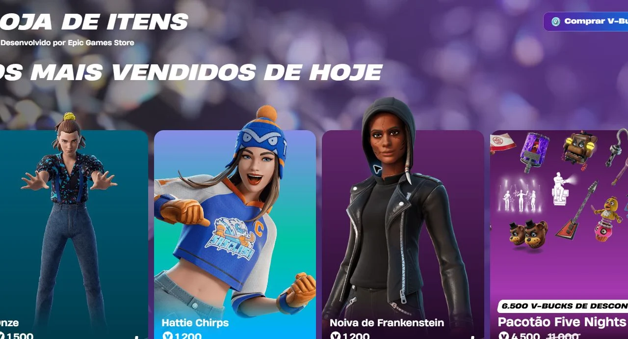 Vitrine da loja do Fortnite com Onze, Hattie Chirps, Noiva de Frankenstein e o pacote de Five Nights at Freddy’s.