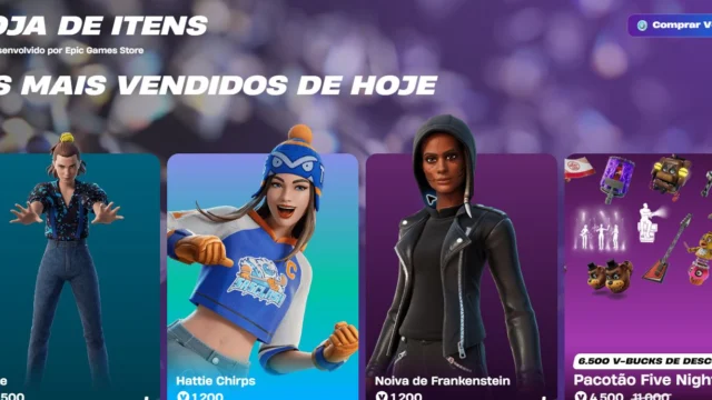 Vitrine da loja do Fortnite com Onze, Hattie Chirps, Noiva de Frankenstein e o pacote de Five Nights at Freddy’s.