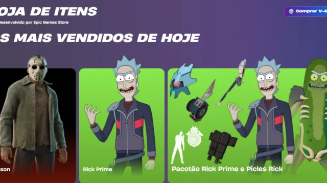 Loja do Fortnite com Jason, Rick Prime e o Pacotão Rick Prime e Picles Rick na vitrine de 15 de outubro.