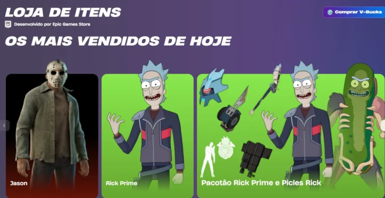 Loja do Fortnite com Jason, Rick Prime e o Pacotão Rick Prime e Picles Rick na vitrine de 15 de outubro.