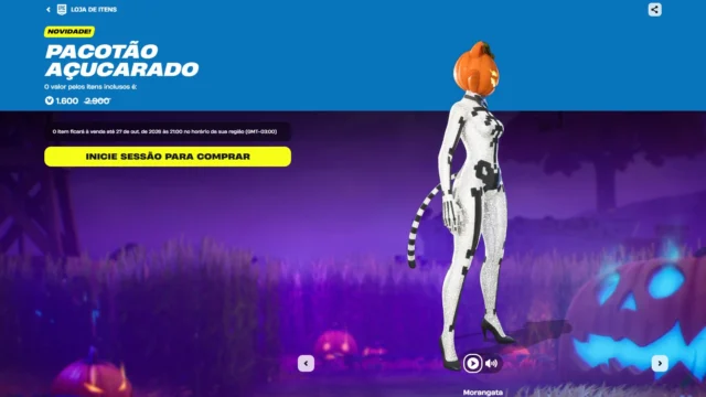 Morangata com cabeça de abóbora e roupa de esqueleto na oferta do Pacotão Açucarado do Fortnite