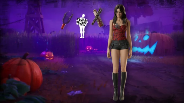 Nikki, do filme Obsessão, com top vermelho zebrado e botas pretas ao lado da picareta, do gesto e do acessório do Pacotão Obsessão no Fortnite