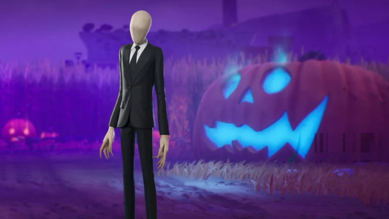 Slender Man na loja oficial do Fortnite, diante de um cenário roxo com abóboras de Halloween