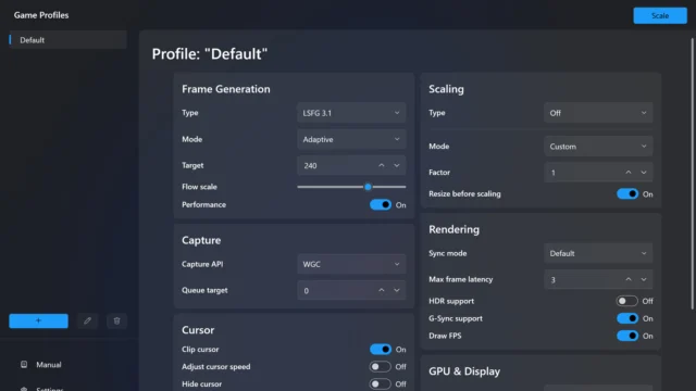 Interface oficial do Lossless Scaling com controles de geração de quadros e ampliação