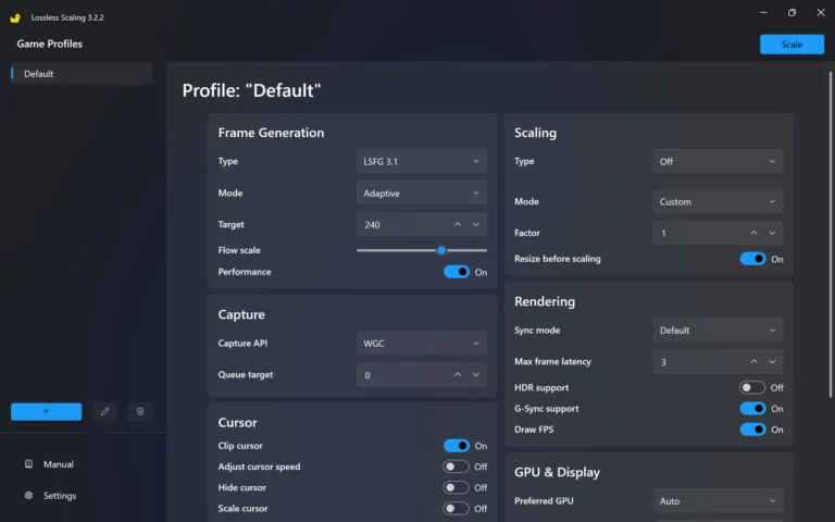 Interface oficial do Lossless Scaling com controles de geração de quadros e ampliação