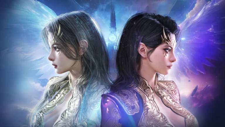 Arte oficial de Aion 2 com duas personagens aladas em um cenário azul e violeta