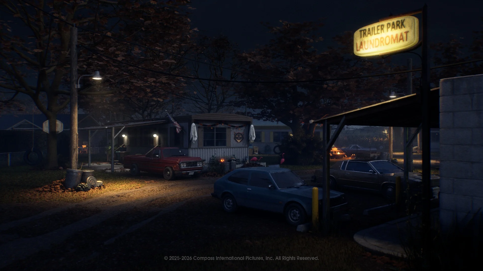 Luzes de um trailer e da lavanderia em uma área do mapa Tower Farm à noite
