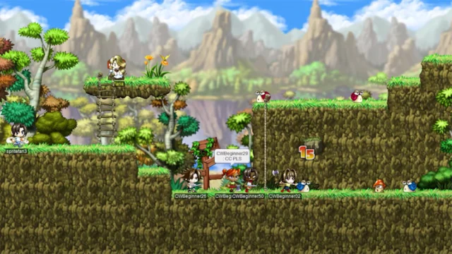 Personagens iniciantes enfrentam caracóis em plataformas de grama na Maple Island, de MapleStory Classic World