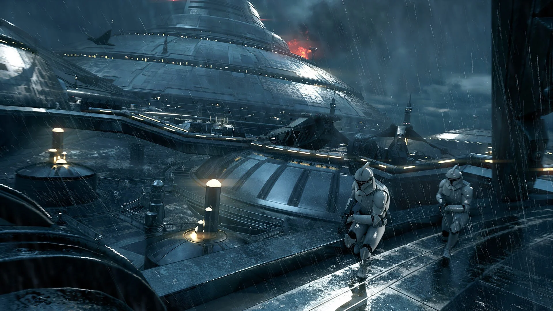 Soldados clones atravessam instalação de Kamino sob chuva em Star Wars Battlefront II