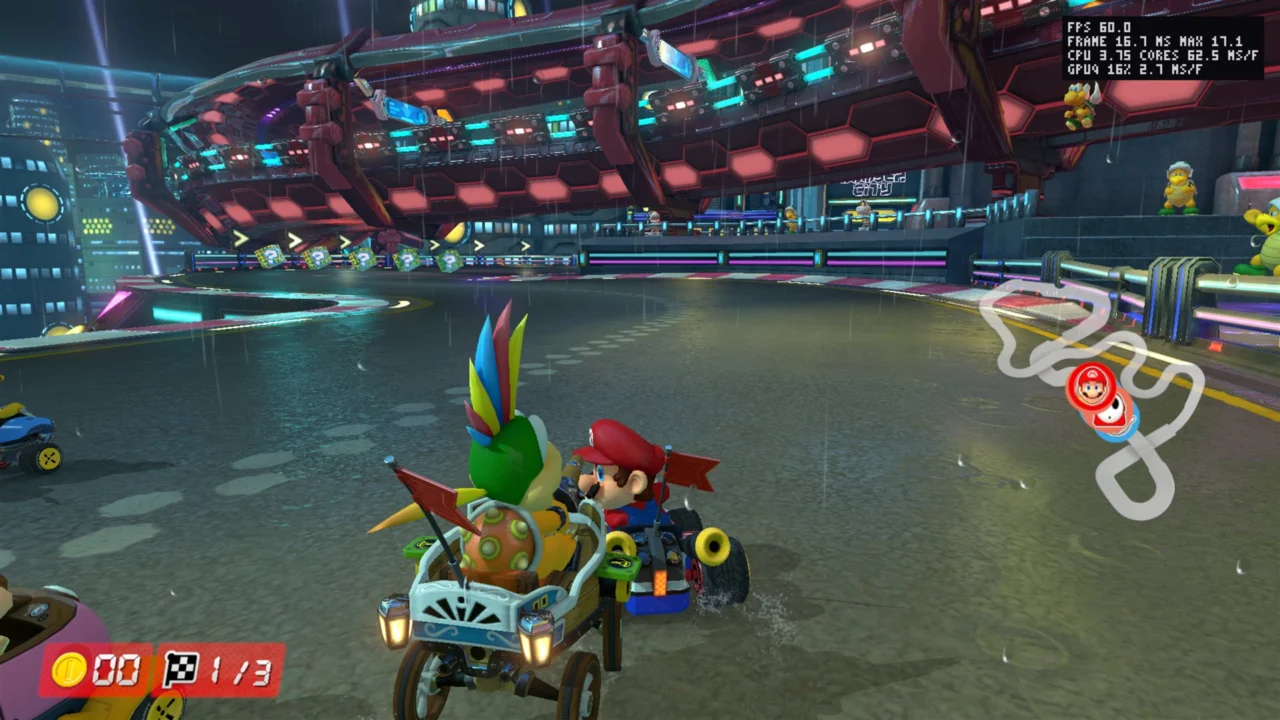 Mario Kart 8 Deluxe executado a 60 FPS no Xbox Series X por meio do eden-xbox, com contador de FPS na tela
