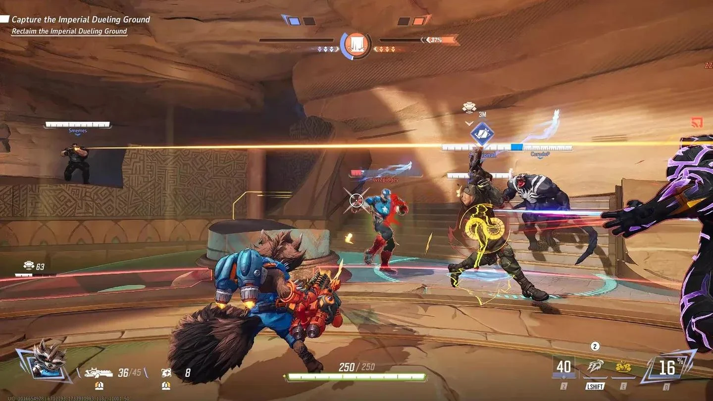 Cena de combate do jogo Marvel Rivals com heróis em campo de batalha.