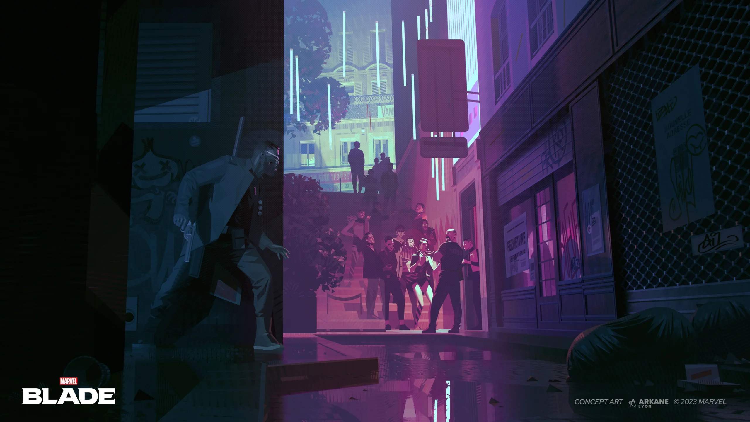 Arte conceitual de Marvel's Blade mostra o caçador de vampiros em uma rua escura de Paris com iluminação azul e roxa