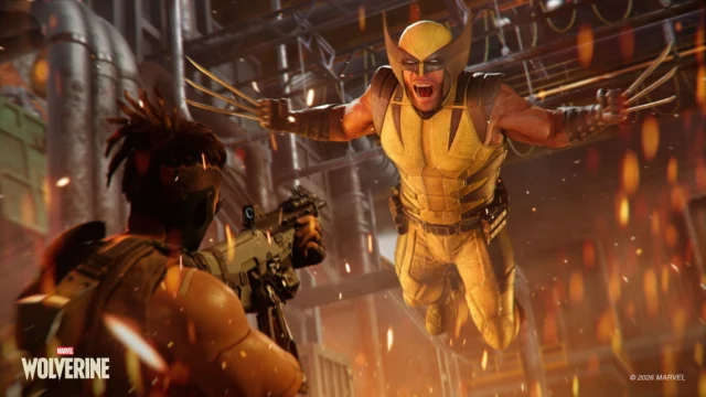 Wolverine ataca inimigos com as garras em cenário industrial