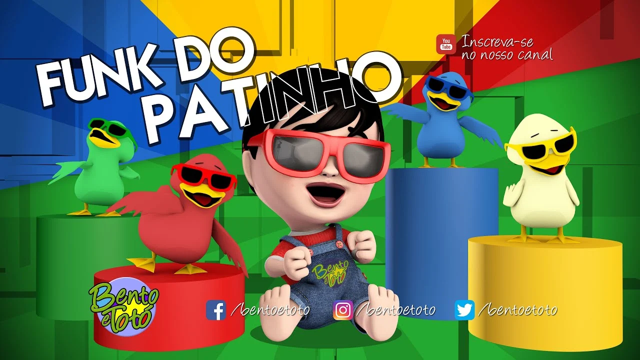 Bento dança de óculos vermelhos ao lado de patinhos coloridos no clipe Funk do Patinho