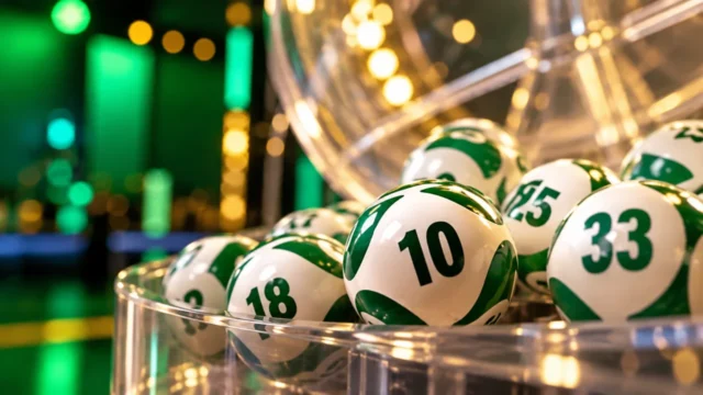 Bolas numeradas de loteria diante de um globo transparente, com iluminação verde e dourada