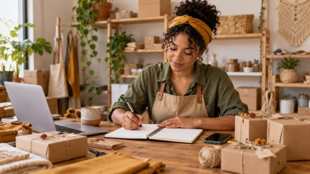 Empreendedora organiza documentos, notebook e encomendas em uma pequena oficina