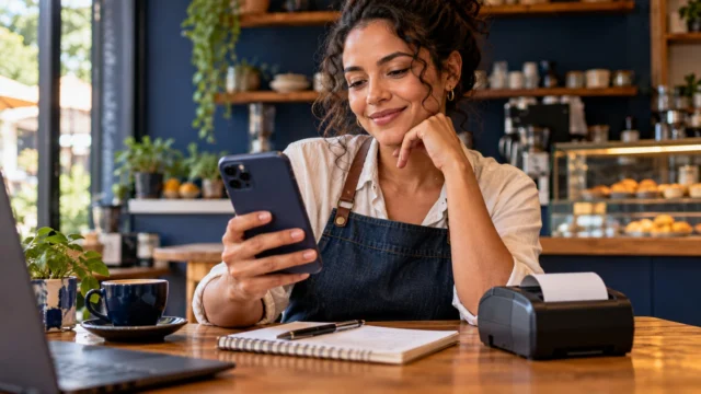 Empreendedora usa um celular ao lado de uma impressora de recibos