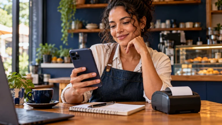 Empreendedora usa um celular ao lado de uma impressora de recibos