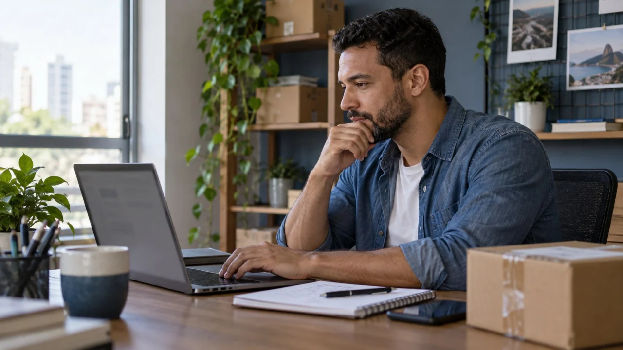 Empreendedor consulta informações no notebook em um pequeno escritório