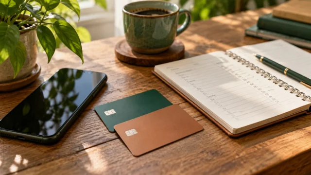 Celular, cartões bancários sem identificação e caderno sobre uma mesa