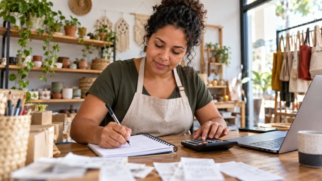 Empreendedora confere registros de vendas com calculadora e notebook