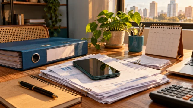 Celular, pasta de documentos e calendário sobre uma mesa