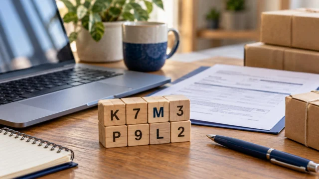 Blocos com letras e números ao lado de um teclado e documentos
