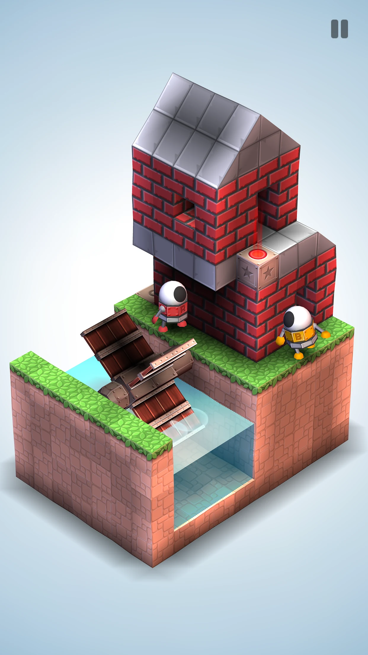 Diorama de Mekorama com construções, água e um pequeno robô