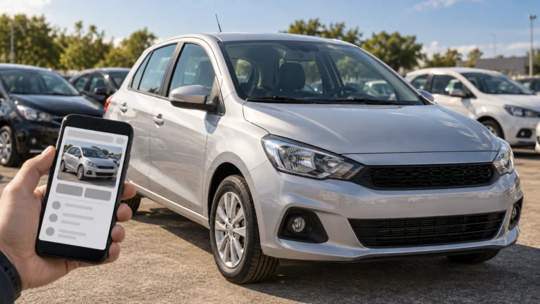 Carro usado prateado em uma loja, com celular exibindo um anúncio do veículo em primeiro plano.