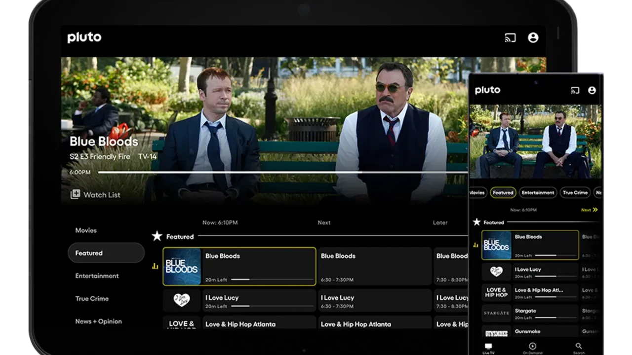 Imagem promocional da interface Pluto TV em uma televisão e em um celular