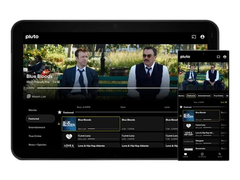 Imagem promocional da interface Pluto TV em uma televisão e em um celular
