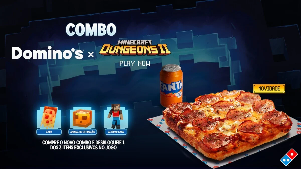 Combo Domino’s de Minecraft Dungeons II com pizza quadrada de calabresa, lata de refrigerante e recompensas do jogo