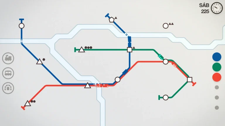 Rede de metrô em Mini Metro com linhas coloridas e estações