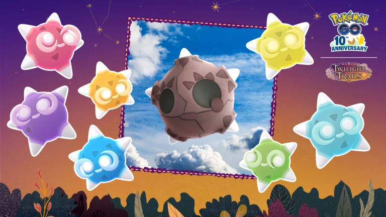 Minior com diferentes cores de núcleo sob um céu de meteoros em arte oficial de Pokémon GO