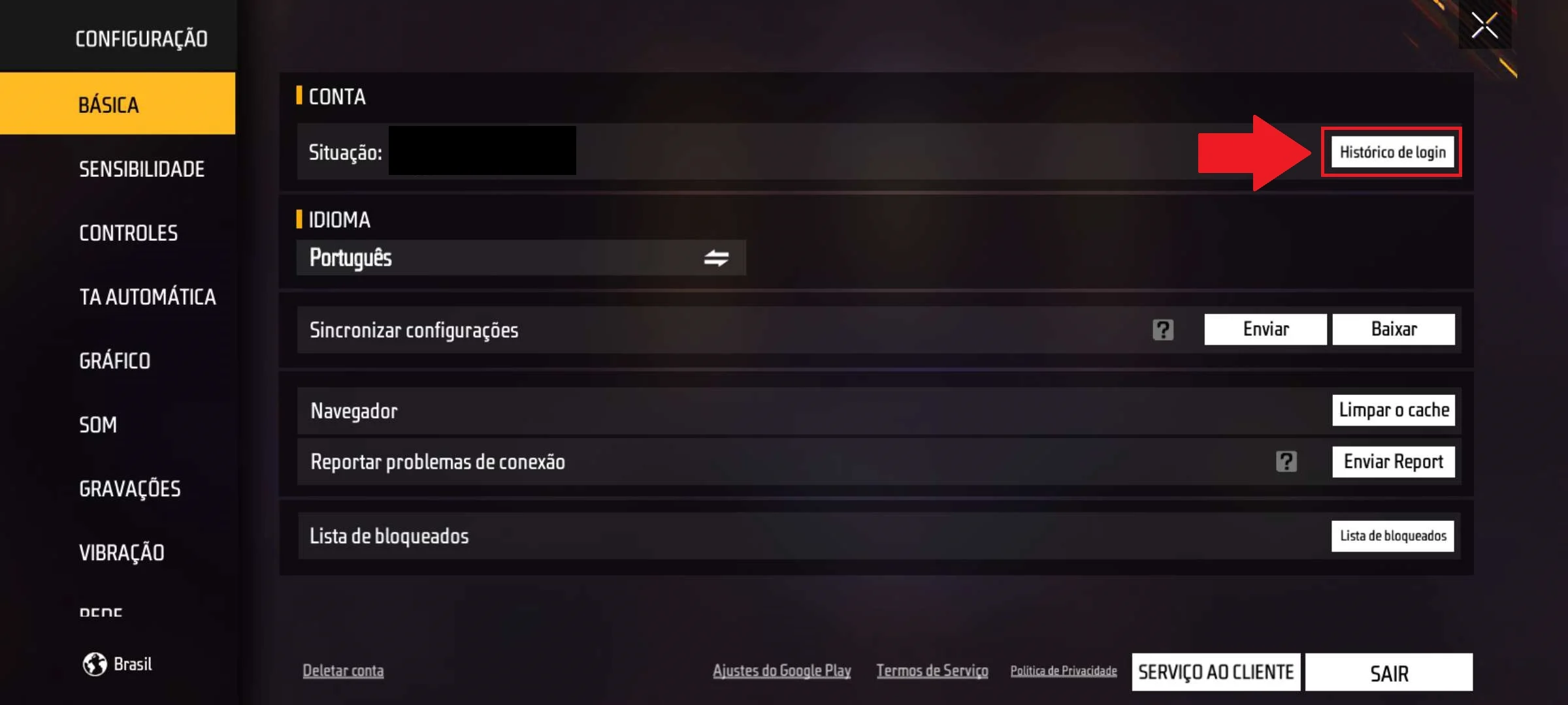 Tela oficial do Free Fire que destaca a opção Histórico de login em Configurações