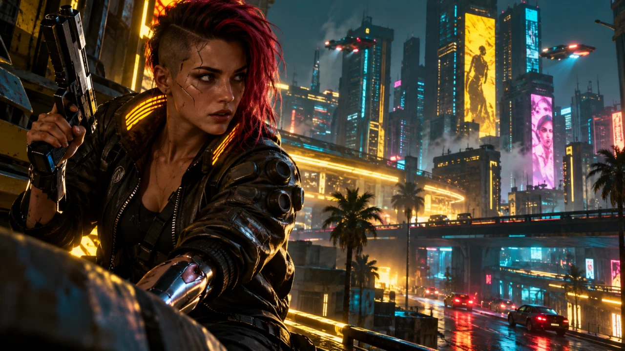 V passeia por Night City em Cyberpunk 2077