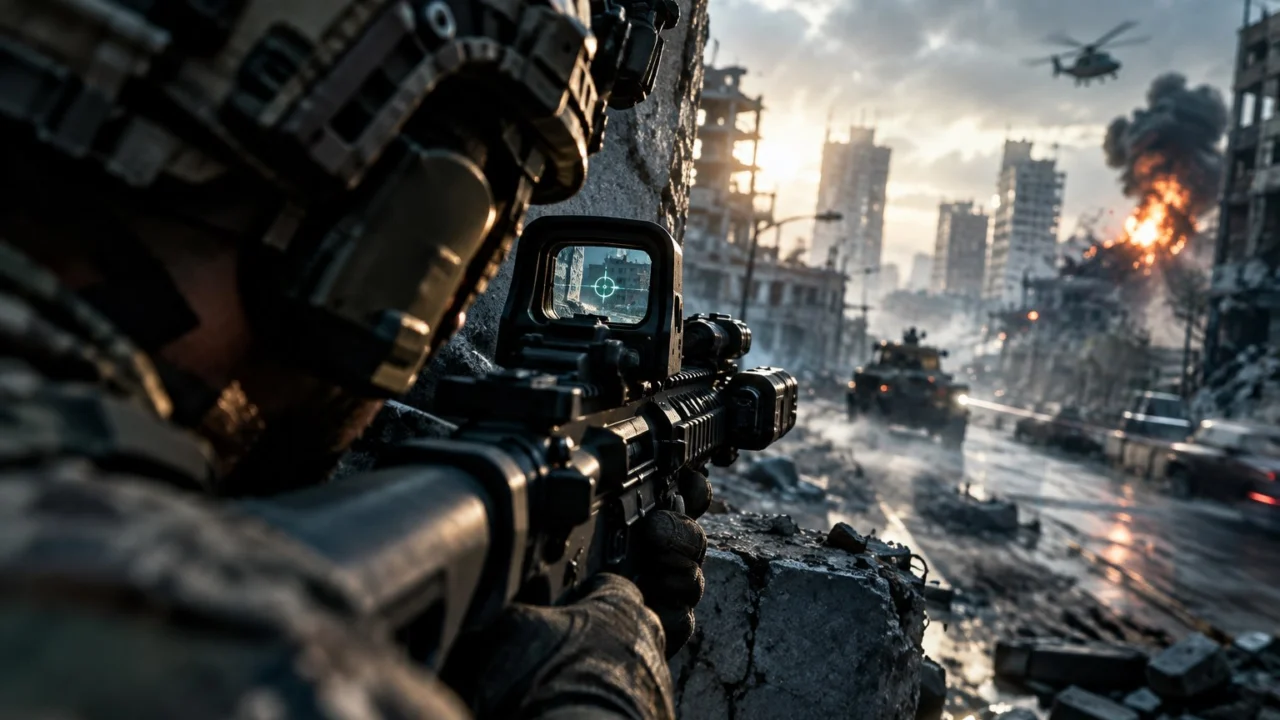 Operador militar usando mira holográfica em imagem sobre as melhores configurações de Modern Warfare 4.