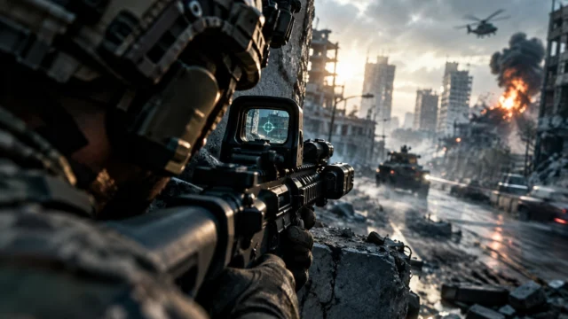 Operador militar usando mira holográfica em imagem sobre as melhores configurações de Modern Warfare 4.