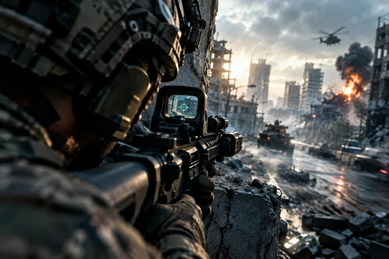 Operador militar usando mira holográfica em imagem sobre as melhores configurações de Modern Warfare 4.