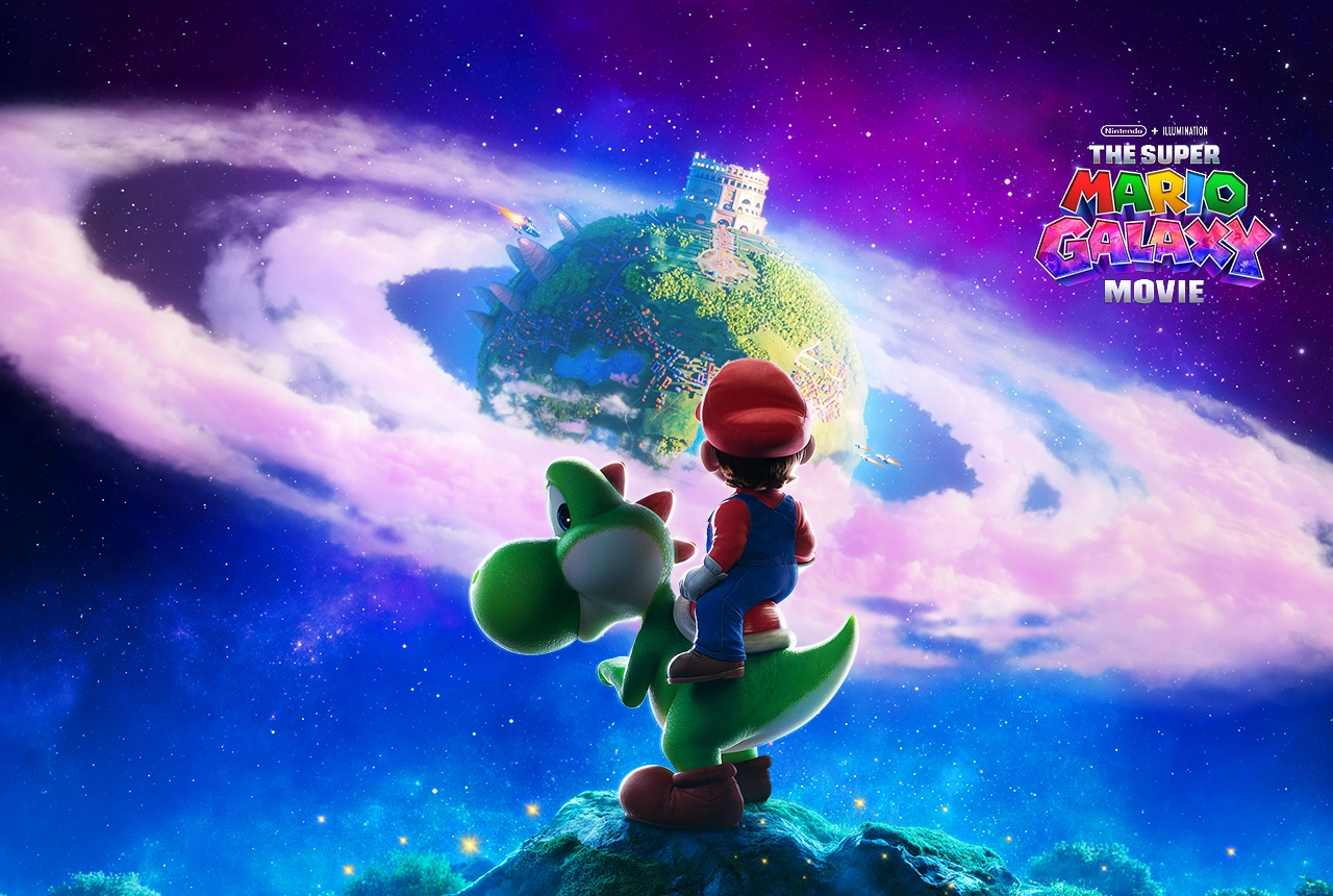 Mario montado em Yoshi observa um planeta em Super Mario Galaxy O Filme