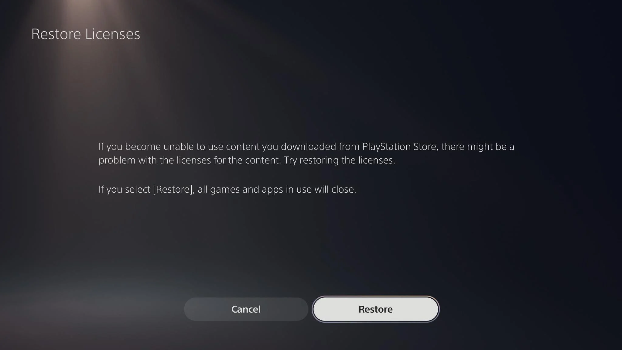 Tela de confirmação Restore Licenses no PlayStation 5 com opção para restaurar licenças de jogos