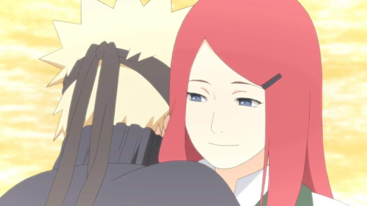 Kushina abraça Naruto durante o encontro no mundo interior do filho