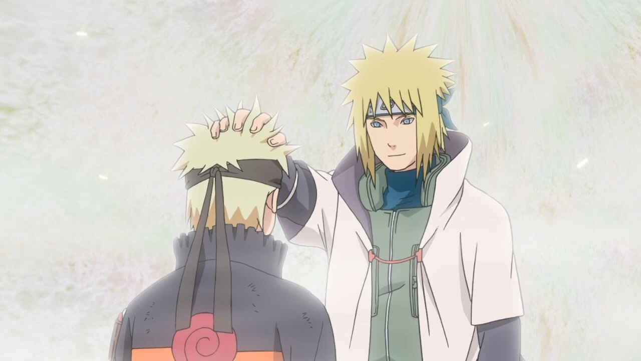 Minato toca a cabeça de Naruto no encontro do episódio 168 de Shippuden