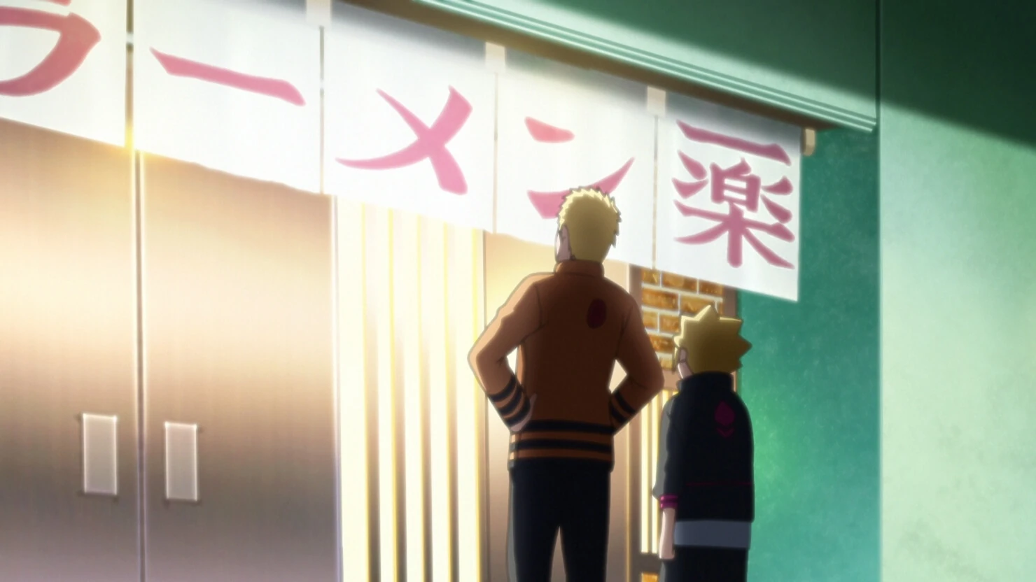 Naruto e Boruto diante do restaurante Ichiraku ao entardecer