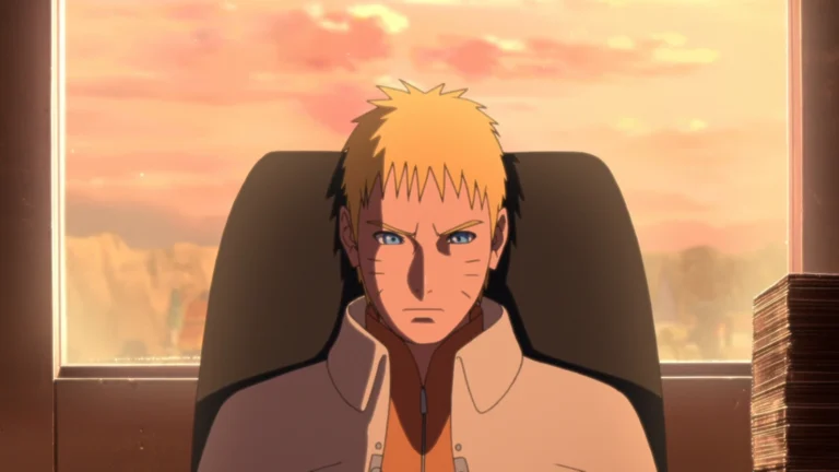 Naruto adulto sentado no gabinete do Sétimo Hokage em Boruto