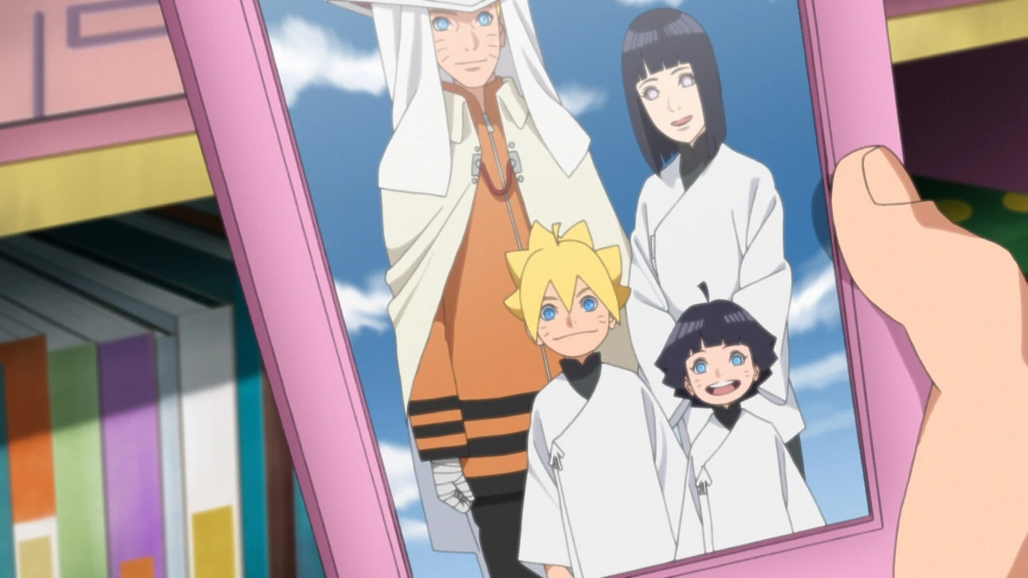 Fotografia de Naruto, Hinata, Boruto e Himawari no dia da posse como Hokage