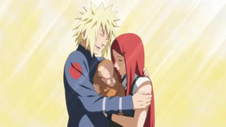 Minato e Kushina abraçam Naruto em imagem de Naruto Shippuden